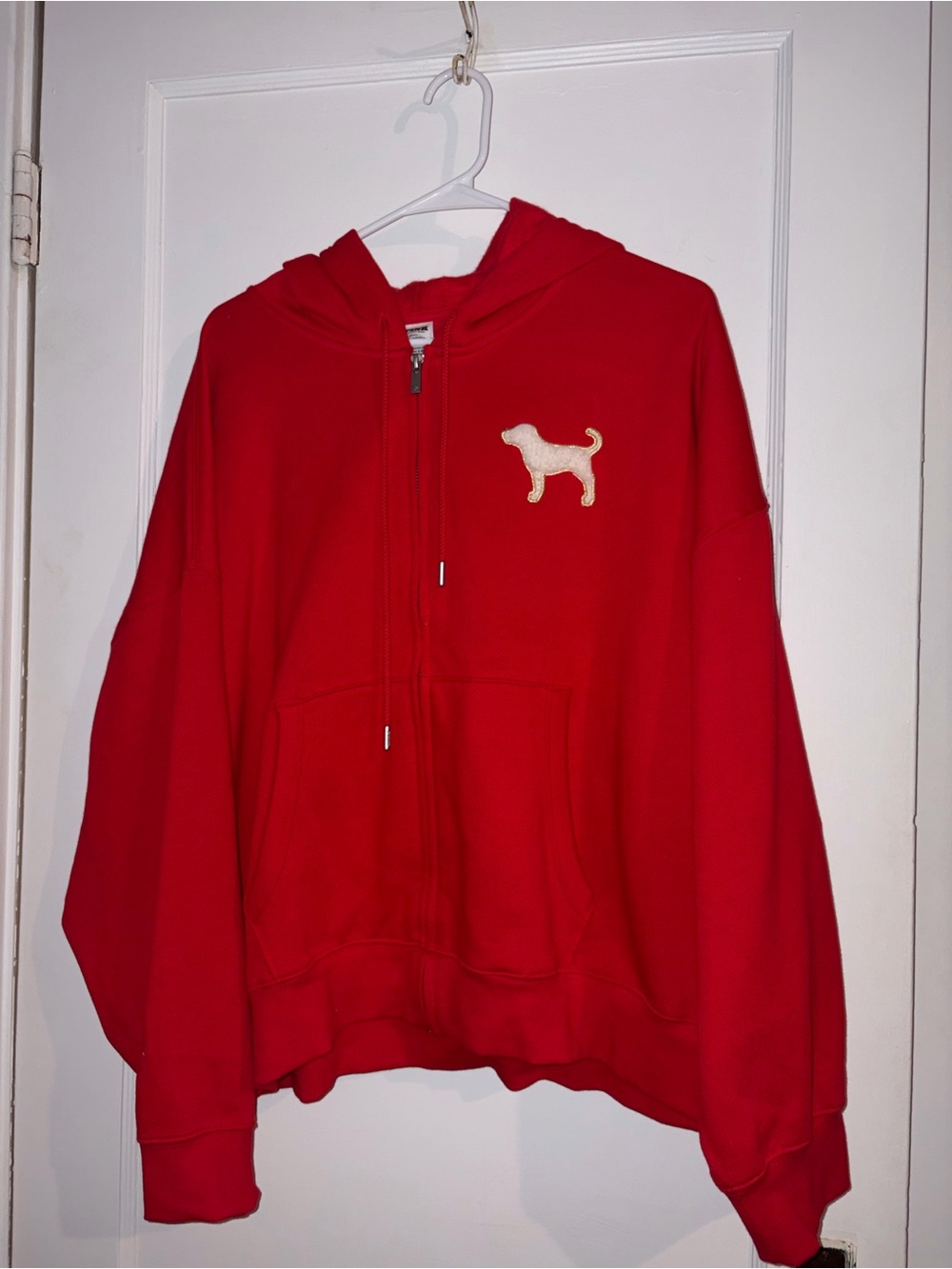 PINK Victoria's Secret Red woman’s  Zip-Up Hoodie with Dog Patch